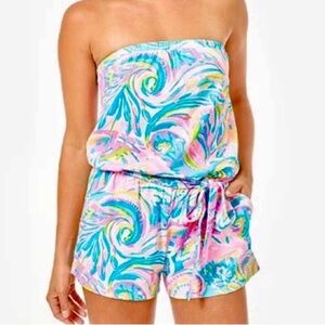 Lilly Pulitzer Ritz Romper Carnival Coral Print Strapless Knit Shorts NWT